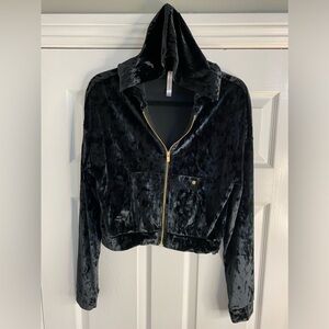 Fabletics Crushed Velour Black Zip Up Hoodie W/ Pockets & Gold Hardware XS Used